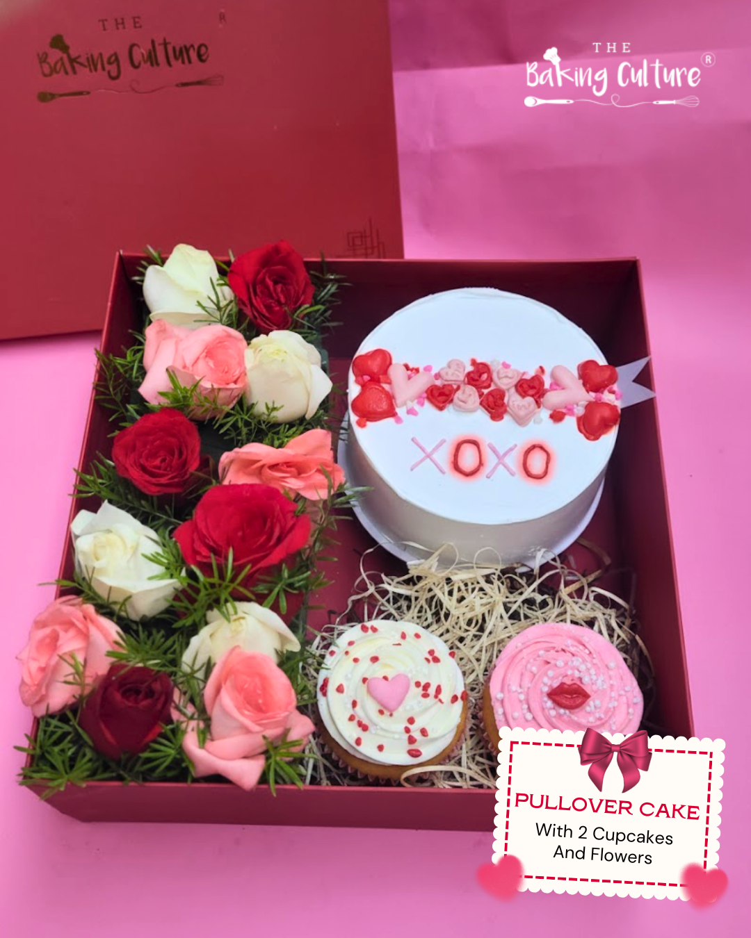 Pullover Cake With Two Cupcakes & Flowers | Valentine's Special